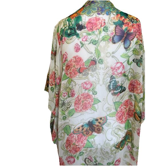 Johnny Was Silk Cover-Up Kimono Butterflies Floral Boho Chic Gypsy Beach Resort - Picture 11 of 11